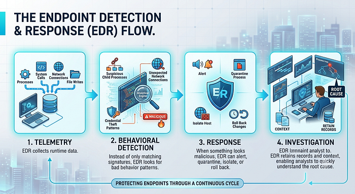 An AI create image that illustrates The Enpoint Detection & Repose flow