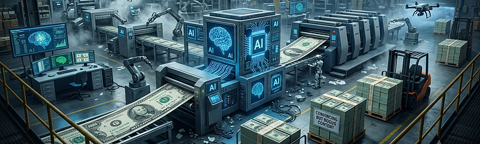 Image generated with Gemini: prompt: AI is a factory printing million-dollar fake bills