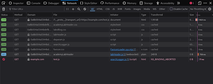 Failed request to fake URL https://M4rduk.com/test.js shown in DevTools Network tab