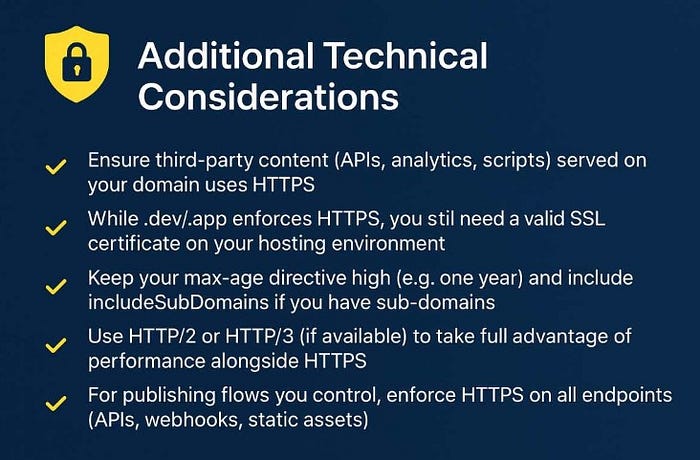 Checklist of technical best practices for HTTPS and HSTS.