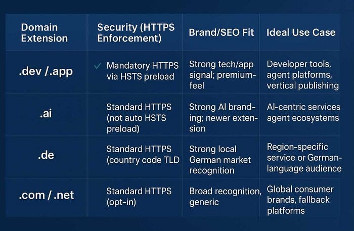 "Domain extension security comparison table for .dev, .app, .ai, .de, .com, .net.